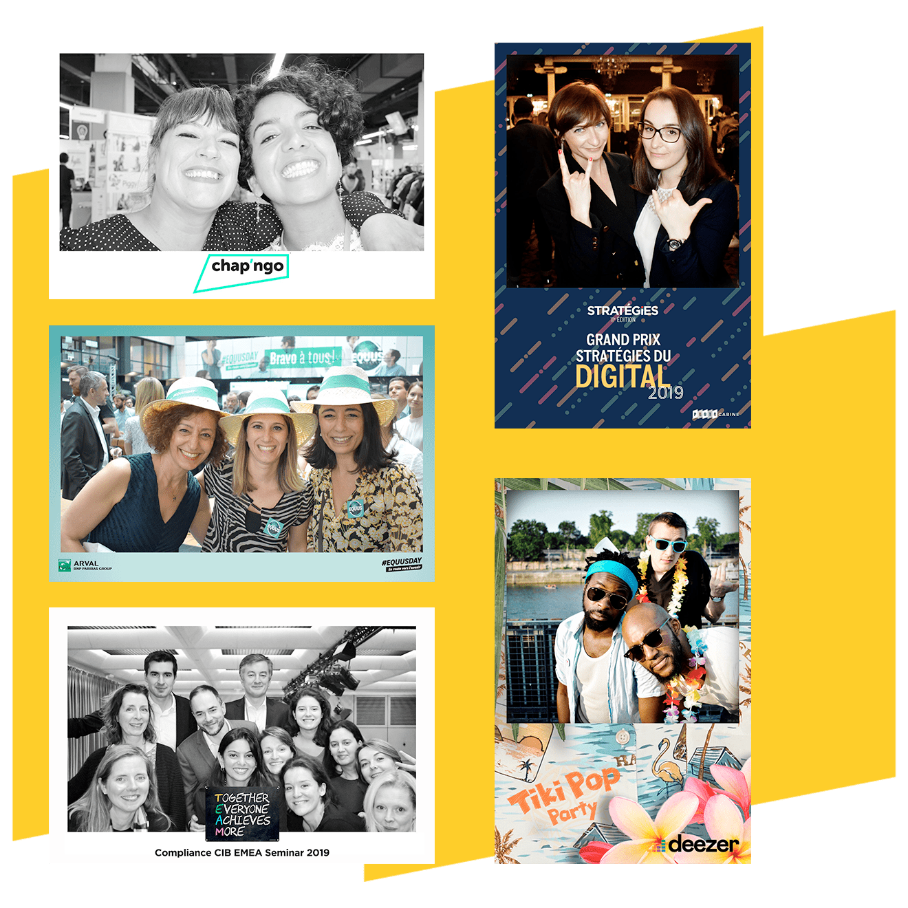 Exemples de photos personnalisées aux différents formats imprimables instantanément par nos photobooths